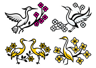 Cranes and Cherry Blossoms: An Asian Zen Scene, Japanese Cranes Amidst Spring Flowers