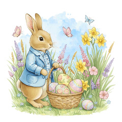 Cute Watercolor Easter Bunny Boy in Blue Jacket with Egg Basket