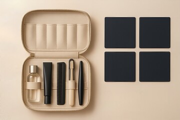 Elegant grooming kit neatly arranged in a beige case showcasing luxurious personal care items highlighting the importance of self care and daily grooming rituals