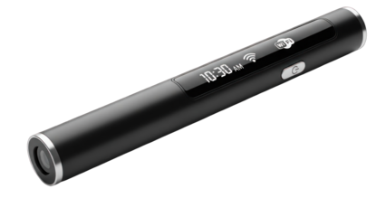 Black digital pen with LCD screen and buttons.