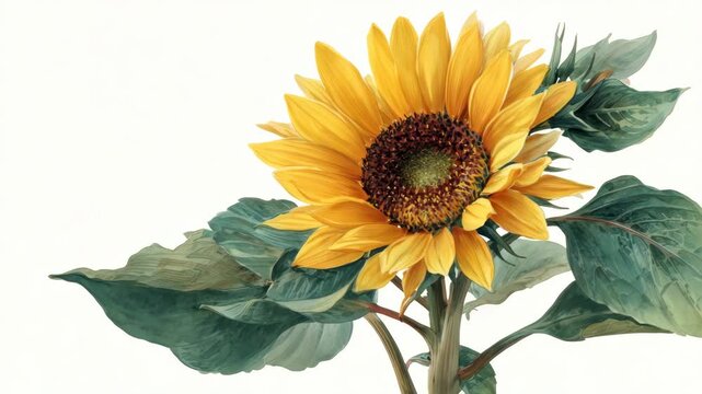 Bright yellow sunflower with green leaves in a realistic painted style on a white background, symbolizing summer, nature, and growth