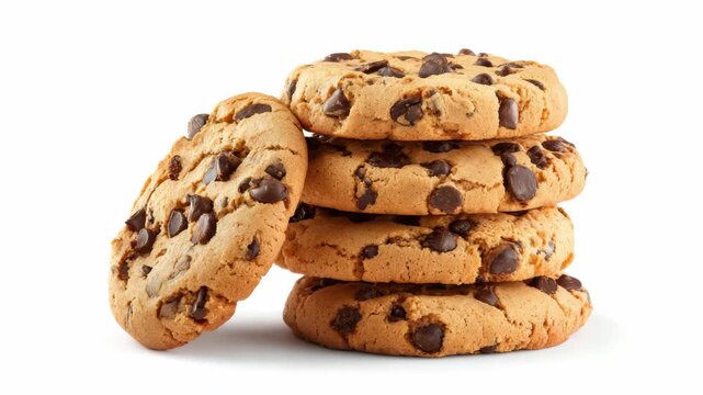 A close-up of five stacked chocolate chip cookies with a golden-brown texture on a clean white background, representing sweet dessert treats