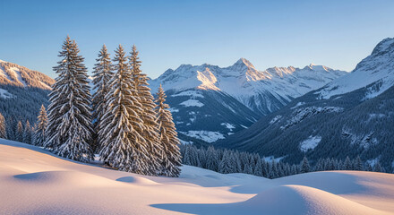 Scenic view with fir tree and snowy mountain, representing tranquility and winter nature, ideal for travel, nature, or holiday concepts