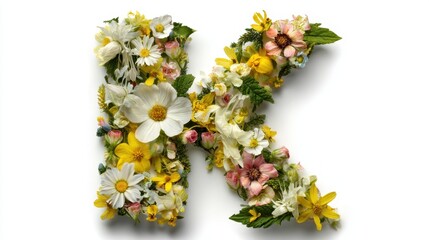 Floral Arrangement of the Letter K with Colorful Wildflowers and Greenery on a White Background