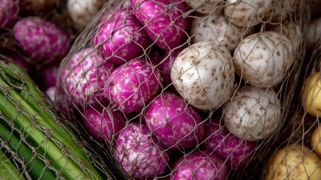 365Close-up of vegetables in mixed nets potatoes, beets, onions arranged in geometric patterns under strong directional light
