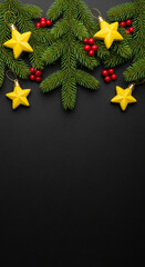 Top view of fir branch, red berry and yellow star ornament on dark background, presenting festive, holiday, Christmas theme, space for text below