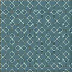 Fototapeta premium Cream grid pattern created from diamonds and irregular hexagons on a teal blue background