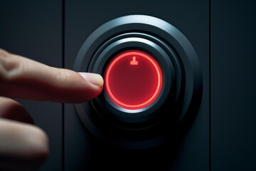 Finger activating illuminated power button on dark gray control panel, symbolizing turning on, starting, or initiating a process