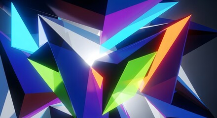 A futuristic, high-contrast abstract background featuring sharp, glowing polygonal 3D shapes in bright neon blue, purple, green, and orange colors.