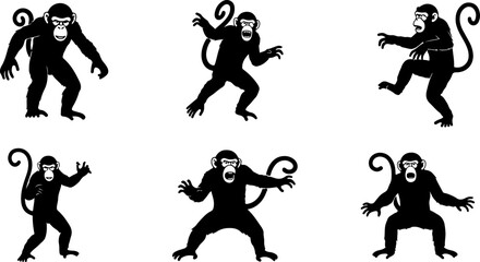 Monkey Silhouette Collection &ndash; Primate Poses Black Vector Set