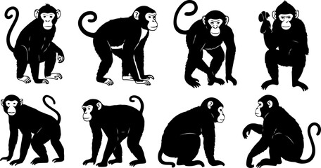 Monkey Silhouette Collection &ndash; Primate Poses Black Vector Set