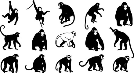 Monkey Silhouette Collection &ndash; Primate Poses Black Vector Set