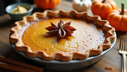 Delicious pumpkin pie topped with star anise and cinnamon on a wooden table with mini pumpkins