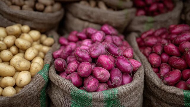 376Close-up of mixed vegetable sacks red beets, yellow onions, and potatoes stacked in layers, rich tones under diffuse industrial light