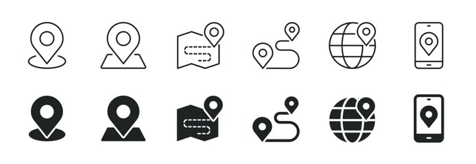 Obraz na płótnie Canvas Map location icon set. Thin line and glyph solid style series icons