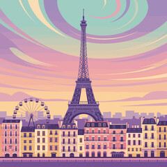 Obraz premium An enchanting illustration of the Eiffel Tower in Paris, surrounded by lovely buildings and a vibrant sky, capturing the romantic essence of this iconic landmark.
