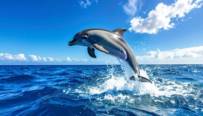 Playful dolphin leaping out of the ocean with splashing water under a bright blue sky, captured in a dynamic wildlife scene.