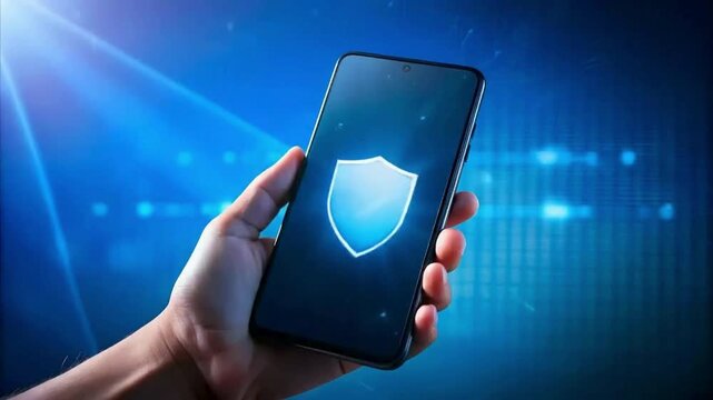 Smartphone Security with Glowing Shield Icon on Screen | Mobile Device Protection Against Cyber Threats | Digital Privacy Concept Featuring Secure Phone Interface

