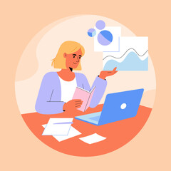 A focused woman engaged in work on a laptop while reviewing papers, embodying professionalism and productivity in a modern work environment filled with data analysis.