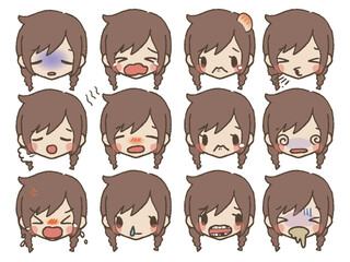 手描きの女の子表情セット３アクシデント