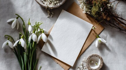 Fresh spring flowers and blank canvas on textile background for creative projects and nature-inspired designs