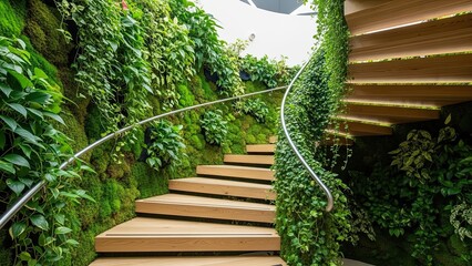 Modern Wooden Spiral Staircase with Lush Green Vertical Garden.