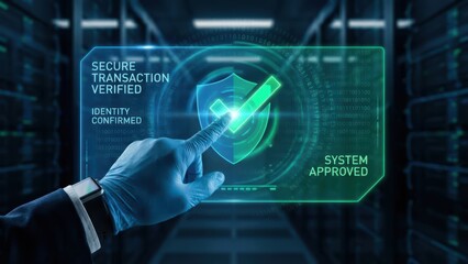 Secure digital transaction verification process in a data center futuristic technology interface cybersecurity environment close-up viewpoint