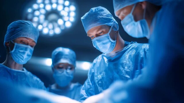 A calm yet highly concentrated surgical team surrounded by advanced medical tools, glowing monitors, and spotless surfaces, the light creating crisp shadows and precise detail on e