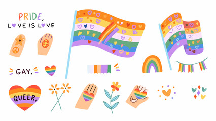 Colorful pride elements including flags hearts and hands in support
