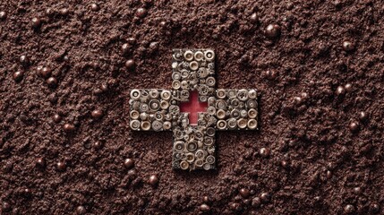 Creative arrangement of mechanical parts forming a cross symbol on a textured surface resembling soil or dark ground