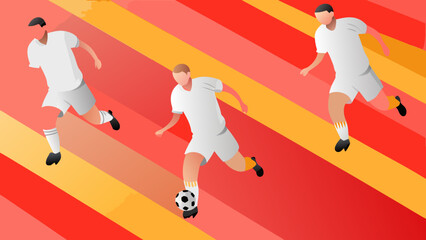 Fototapeta premium Three soccer players in white uniforms running on a striped background