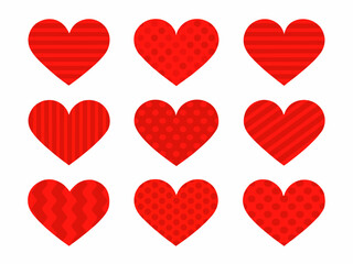 A collection of red hearts with varied patterns arranged in a grid