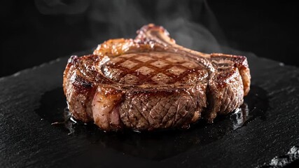A piece of meat is on a black surface with steam coming off it. The meat is cooked and has a nice sear