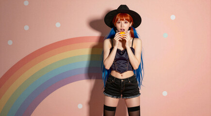 a young woman standing in front of a pink wall with a rainbow painted on it. She is wearing a black wide-brimmed hat, a black tank top, black shorts, and black thigh