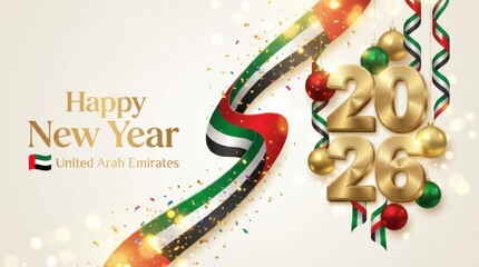 Fototapeta premium united arab emirates new year 2026 banner with waving ribbon in national flag colors