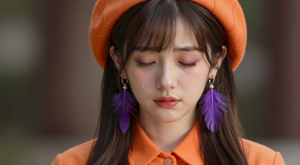 a close-up portrait of a young woman with long dark hair. She is wearing an orange collared shirt and a large orange beret on her head. Her eyes are closed and her head is
