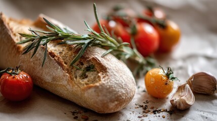 Artisanal baguette with fresh rosemary, garlic, and cherry tomatoes display