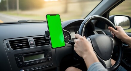 Driver holds steering wheel while smartphone with green screen displays navigation mounted on car dashboard vent