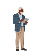 African American senior professional holding a tablet, clean modern style, Flat minimalist vector illustration isolated on transparent background.