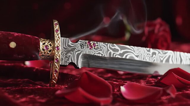 Exquisite Dagger with Intricate Design and Red Rose Petals.