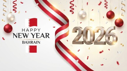 Obraz premium bahrain new year 2026 banner with waving ribbon in national flag colors