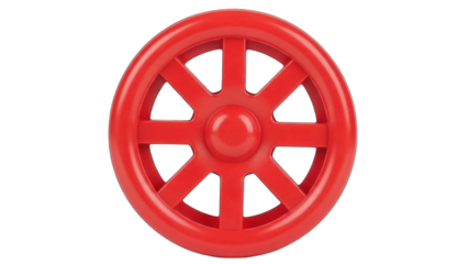 Red Plastic Toy Wheel on White Background.