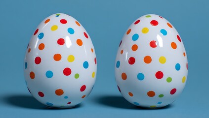 Two colorful polka dot eggs stand against a vibrant blue background