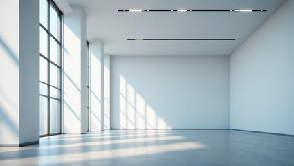 Empty modern room with large windows and sunlight