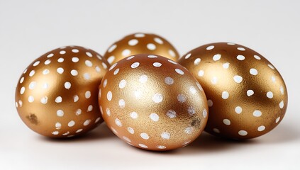 Golden eggs with white polka dots arranged on a light gray background