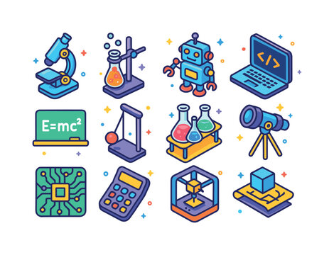 Colorful STEM Icons. STEM learning. Colorful isometric vector ic