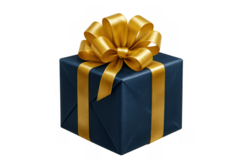Blue gift box with golden ribbon bow, offering a festive present for celebration and holiday surprise