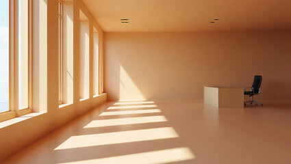 Modern empty room with sunlight streaming through windows