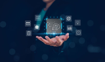 Artificial intelligence, machine learning, and data analytics icons represent business automation, strategic planning, and digital innovation through virtual interface in technology.