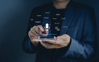 AI voice assistant machine learning translation language learning global with businessman using voice command on smartphone for multilingual interaction and smart communication.